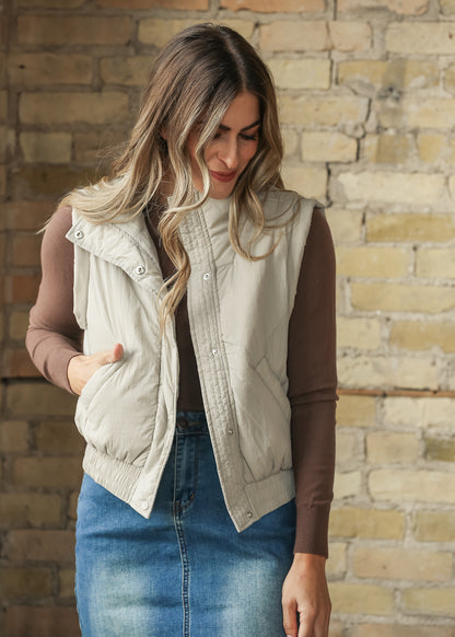 Mock Neck Snap Cement Puffer Vest FF Tops