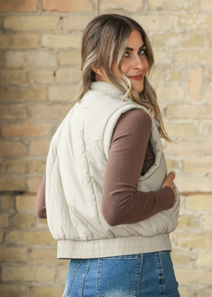Mock Neck Snap Cement Puffer Vest FF Tops