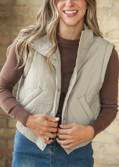 Mock Neck Snap Cement Puffer Vest FF Tops S