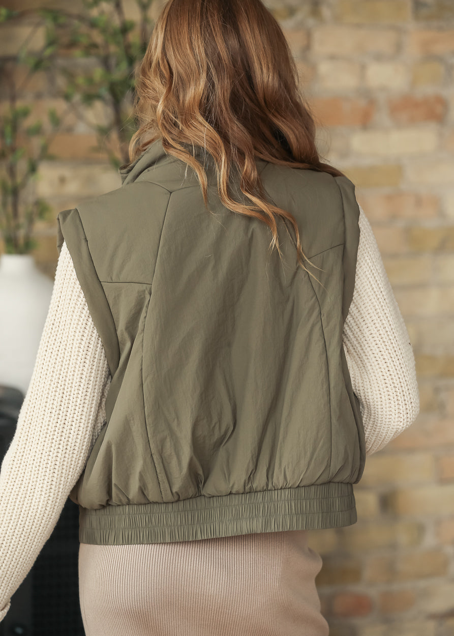 Mock Neck Snap Olive Puffer Vest FF Tops
