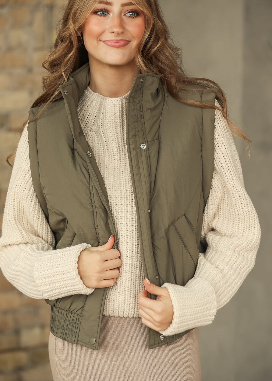 Mock Neck Snap Olive Puffer Vest FF Tops