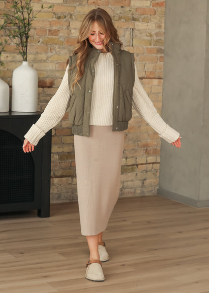 Mock Neck Snap Olive Puffer Vest FF Tops