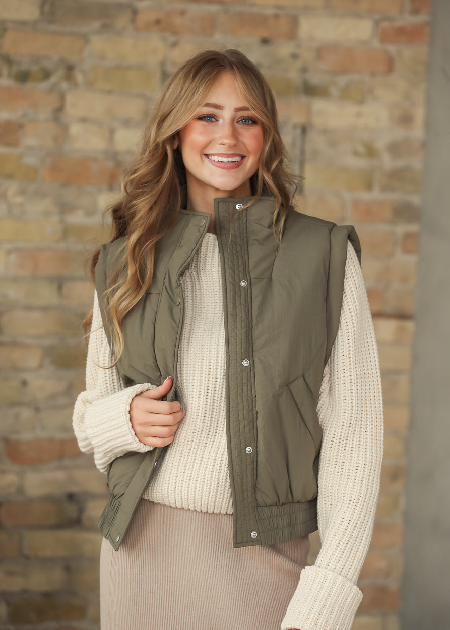 Mock Neck Snap Olive Puffer Vest FF Tops S
