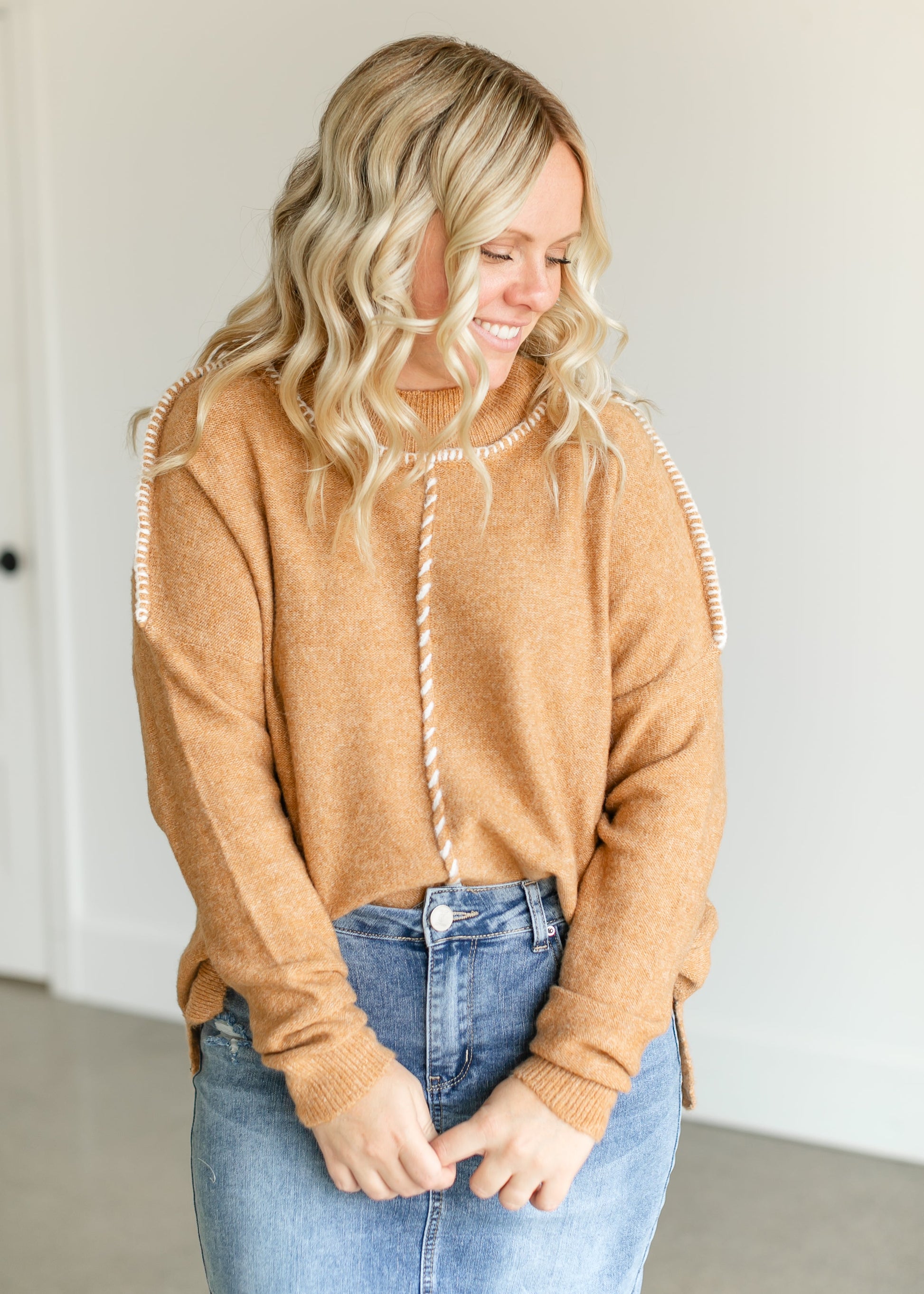 Mockneck Contrast Stitching Sweater FF Tops Camel / S