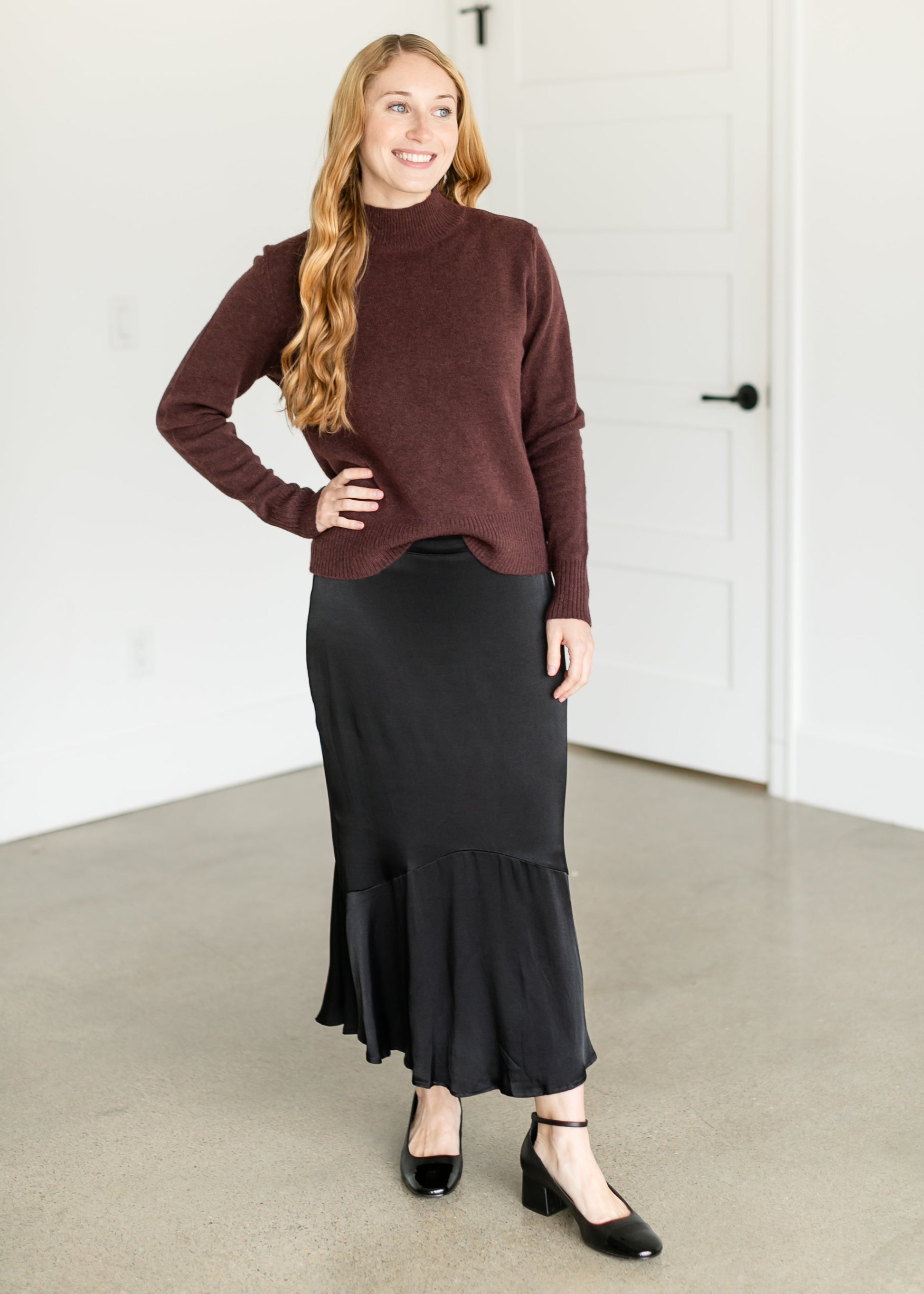 Mockneck Ribbed Hem Sweater FF Tops