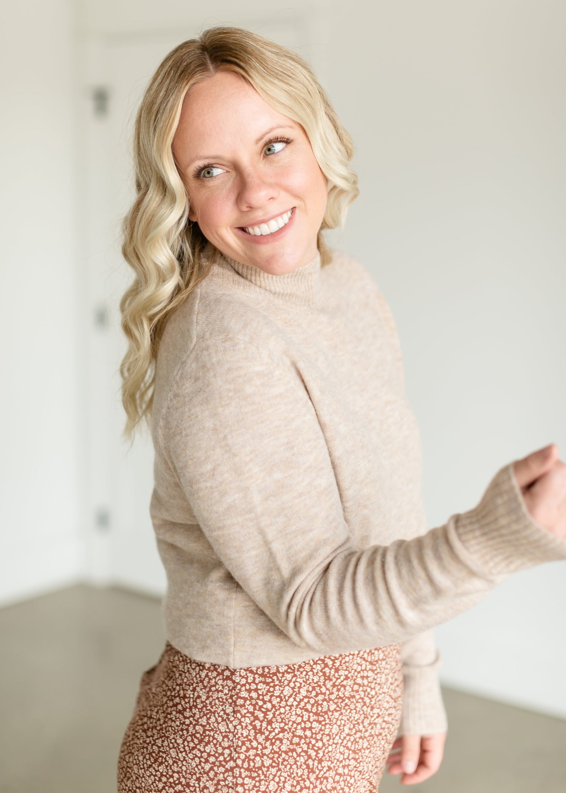 Mockneck Ribbed Hem Sweater FF Tops