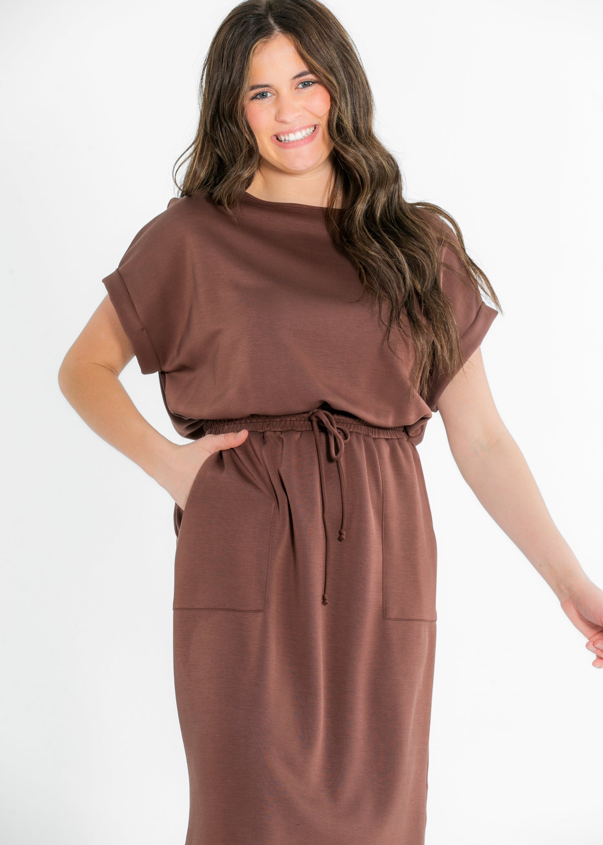 Modal Silky Short Sleeve Dress FF Dresses Brown / S