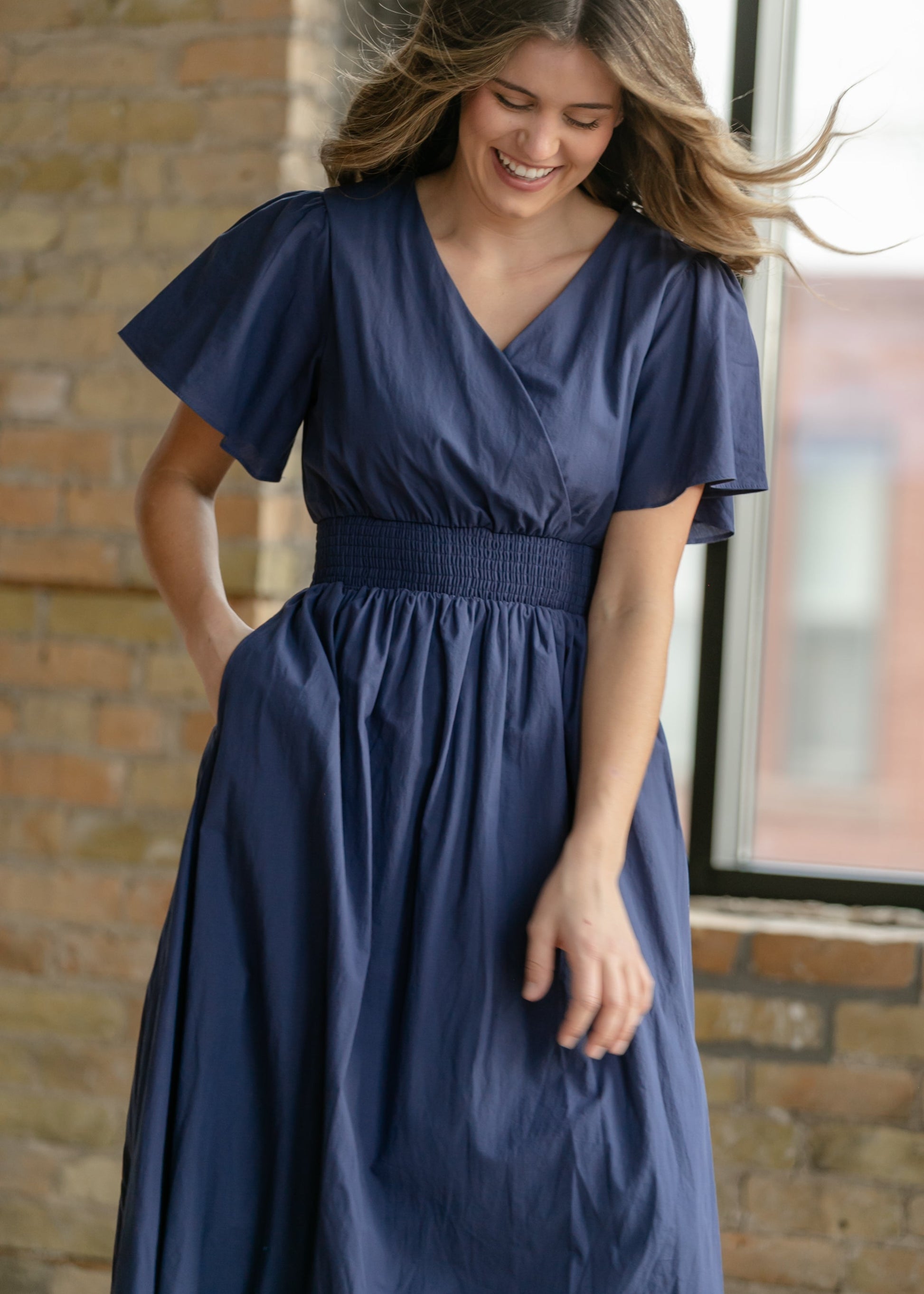 flutter sleeve maxi wrap dress Sail to Sable Stone BLUE V-Neck Flutter Sleeve Maxi Dress with Ric-Rac BLUE Stone / XXL / F25124