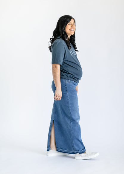 Morgan Maternity Distressed Raw Hem Long Denim Skirt IC Skirts