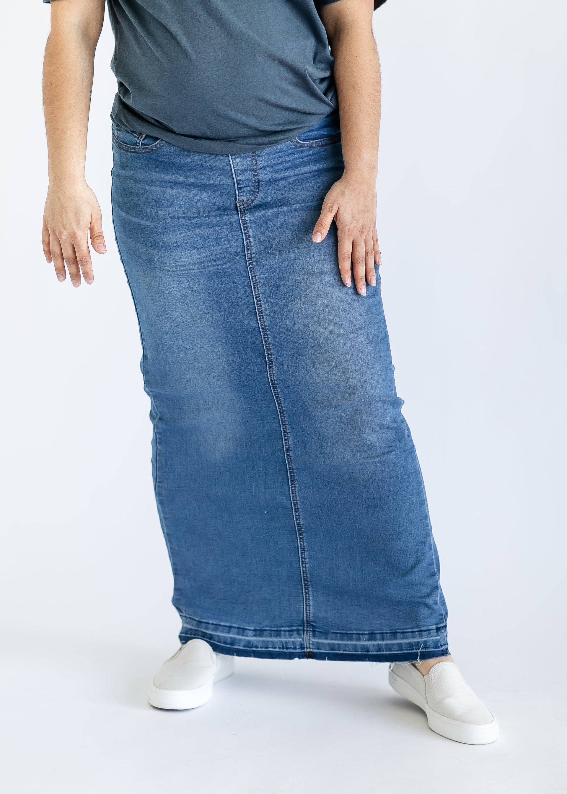 Morgan Maternity Distressed Raw Hem Long Denim Skirt FINAL SALE