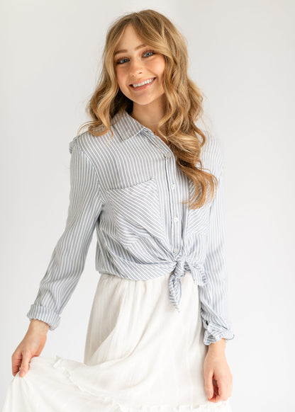 Myla Blue Stripe Soft Button Up Top FF Tops