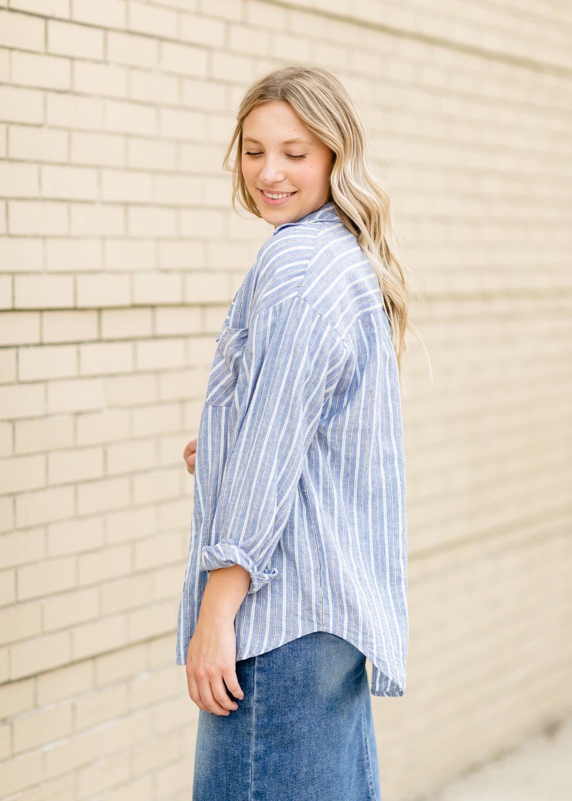 Natalia Striped Button Up Top Tops