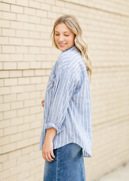 Natalia Striped Button Up Top Tops