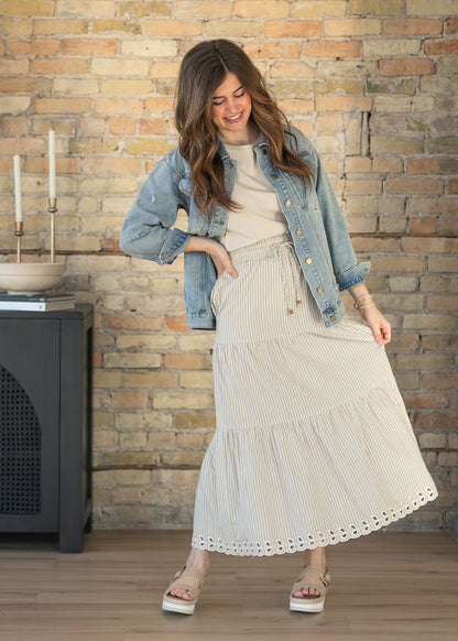 Natural Embroidered Detail Midi Skirt FF Skirts