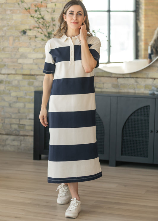 Navy Contrast Collar Striped Maxi Dress FF Dresses