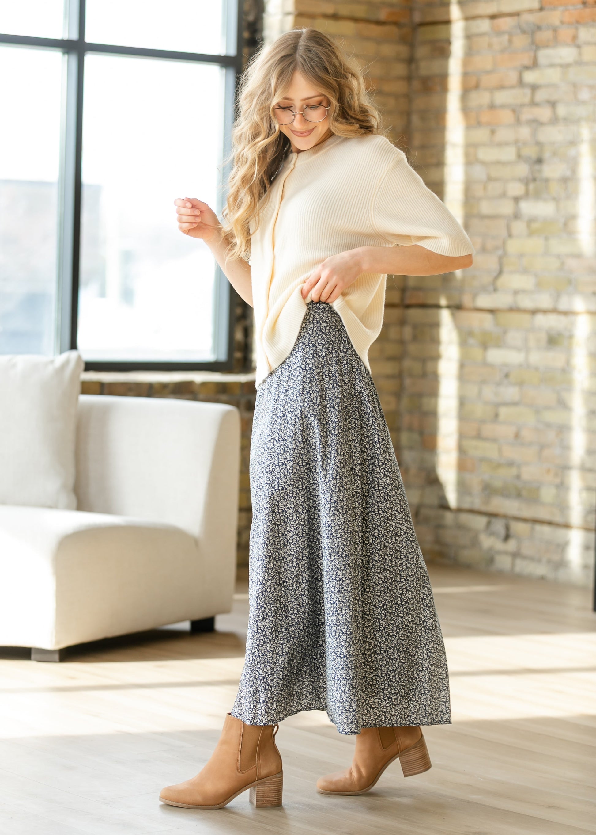 Navy Ditsy Floral Maxi Skirt FF Skirts