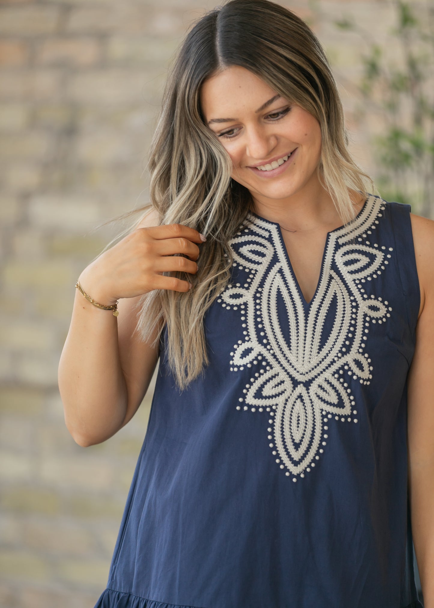 Navy Embroidered V Neck Midi Dress FF Dresses