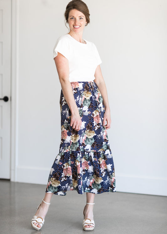 Navy Floral and Dot Midi Skirt Skirts