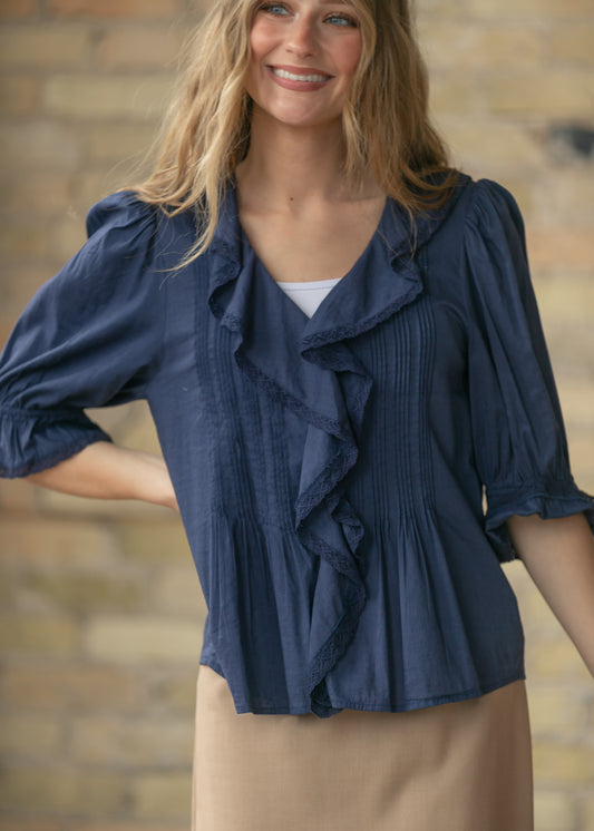Navy Flowy V-Neck Half Sleeve Top FF Tops