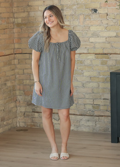 Navy Gingham Puff Sleeve Midi Dress FF Dresses