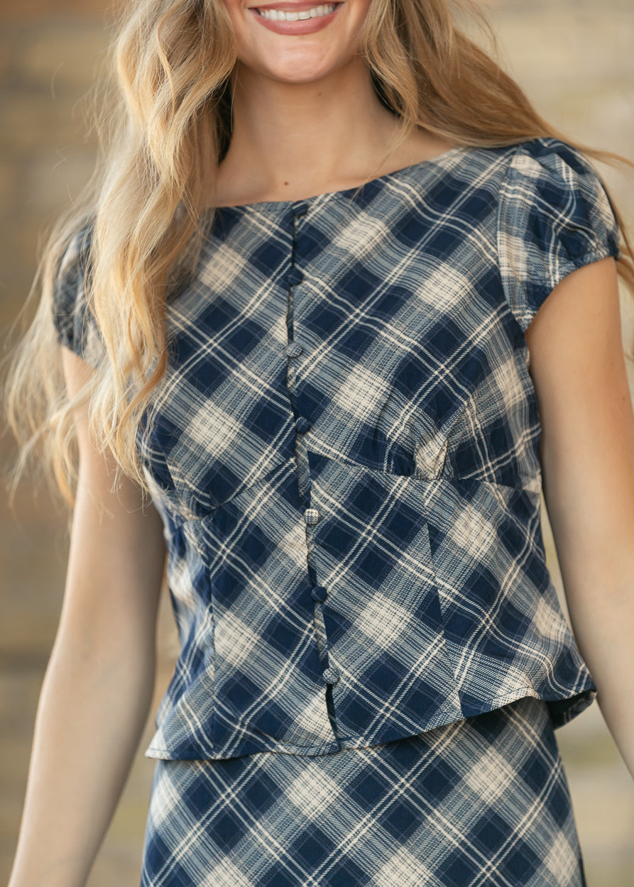 Navy Plaid A-line Midi Skirt & Top Set FF Tops