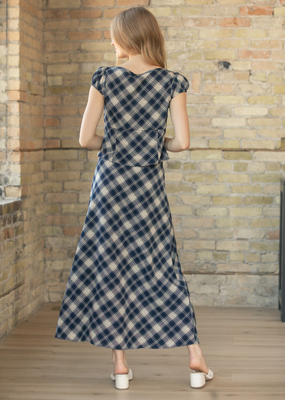 Navy Plaid A-line Midi Skirt & Top Set FF Tops