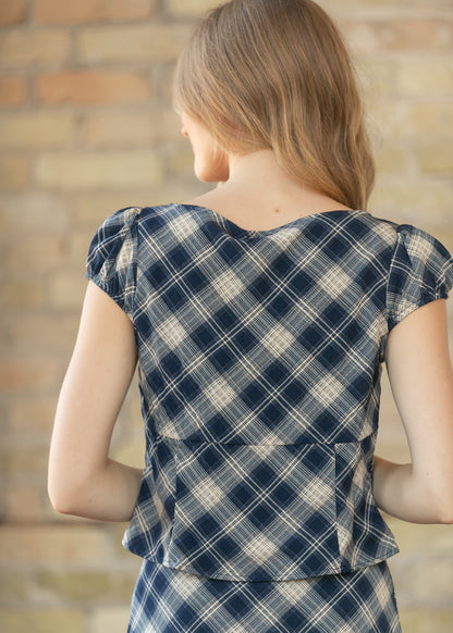 Navy Plaid A-line Midi Skirt & Top Set FF Tops