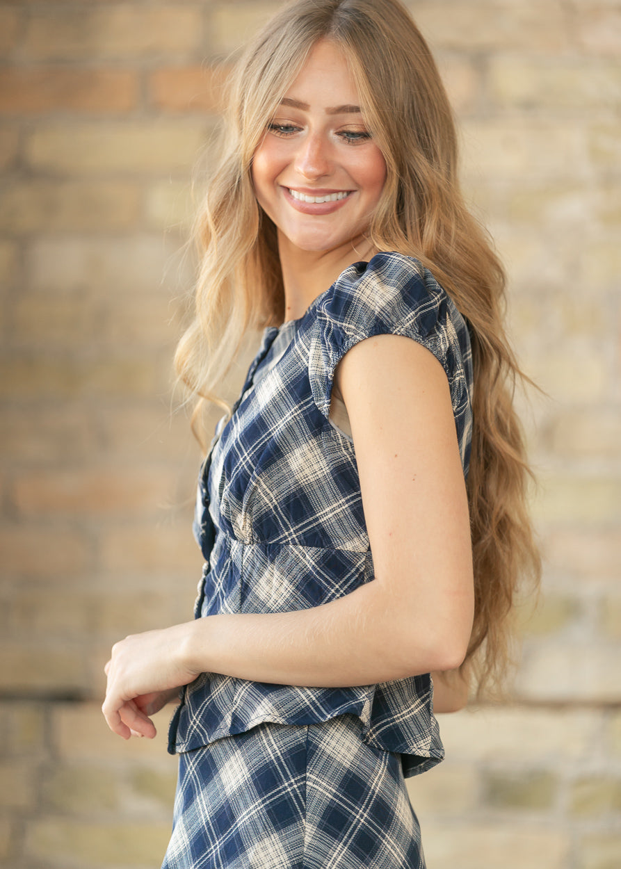 Navy Plaid A-line Midi Skirt & Top Set FF Tops