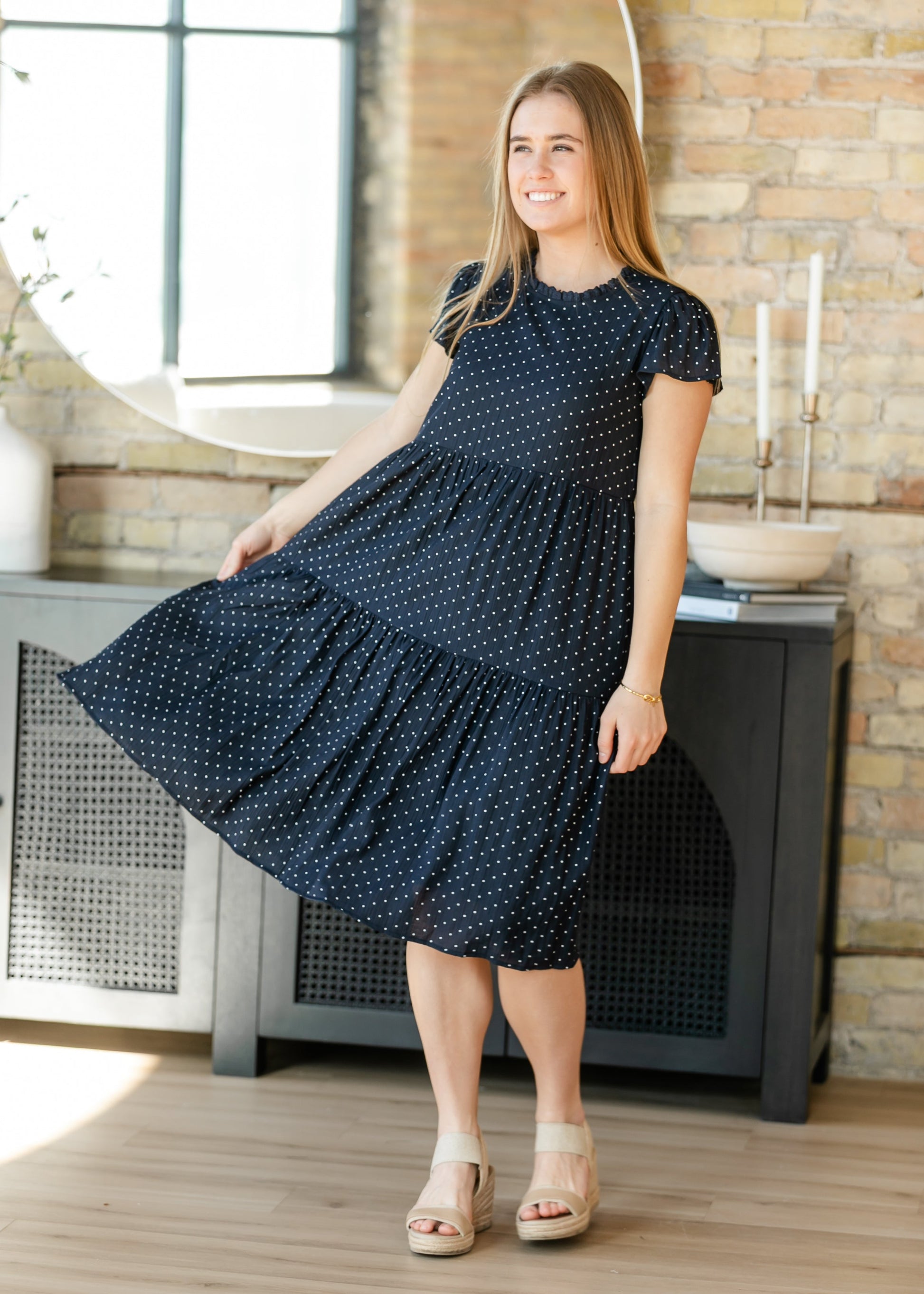 navy blue dress with white polka dots Navy Polka Dot Tiered Midi Dress – Inherit Co