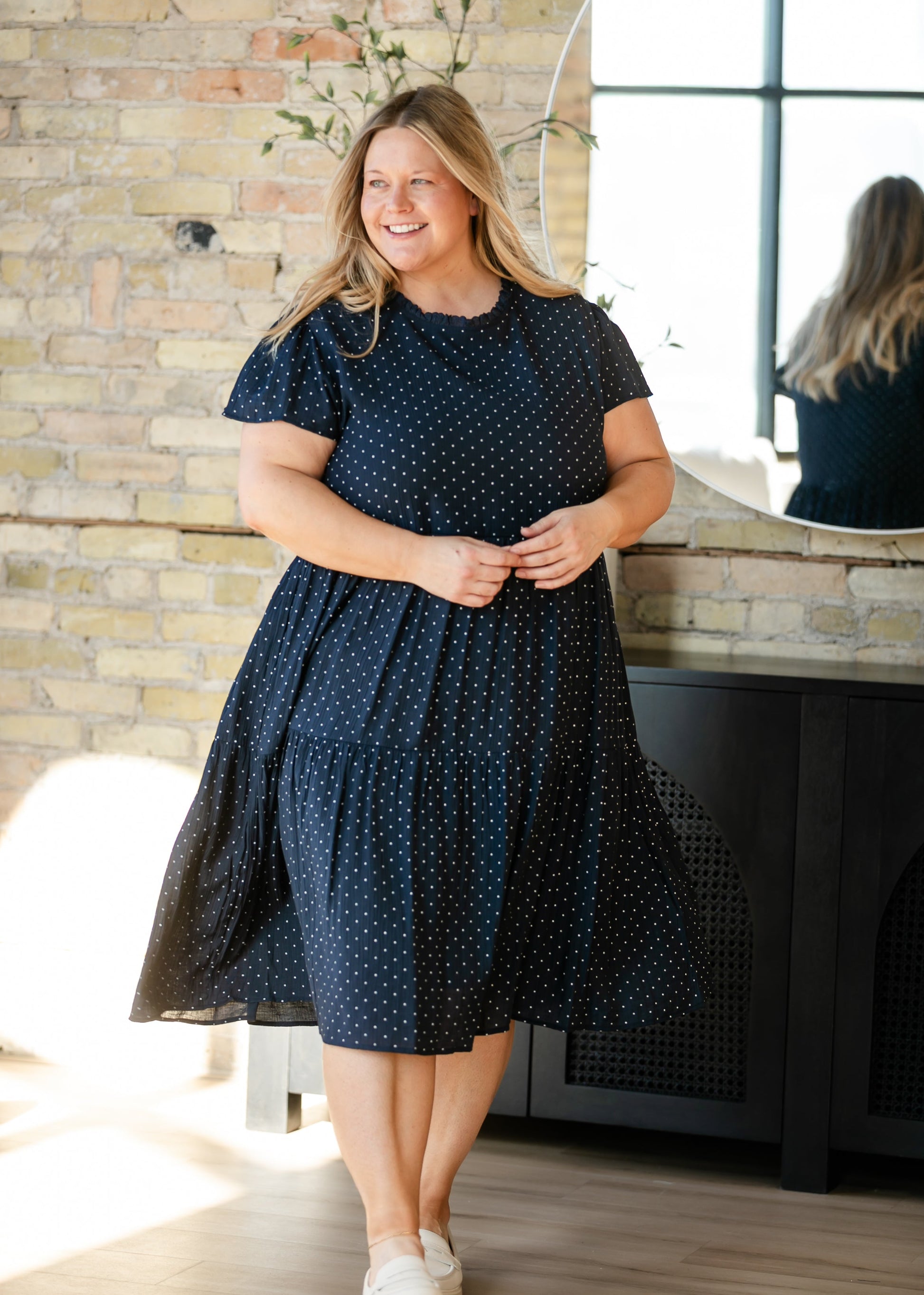 plus size tiered midi dress Navy Polka Dot Tiered Midi Dress – Inherit Co