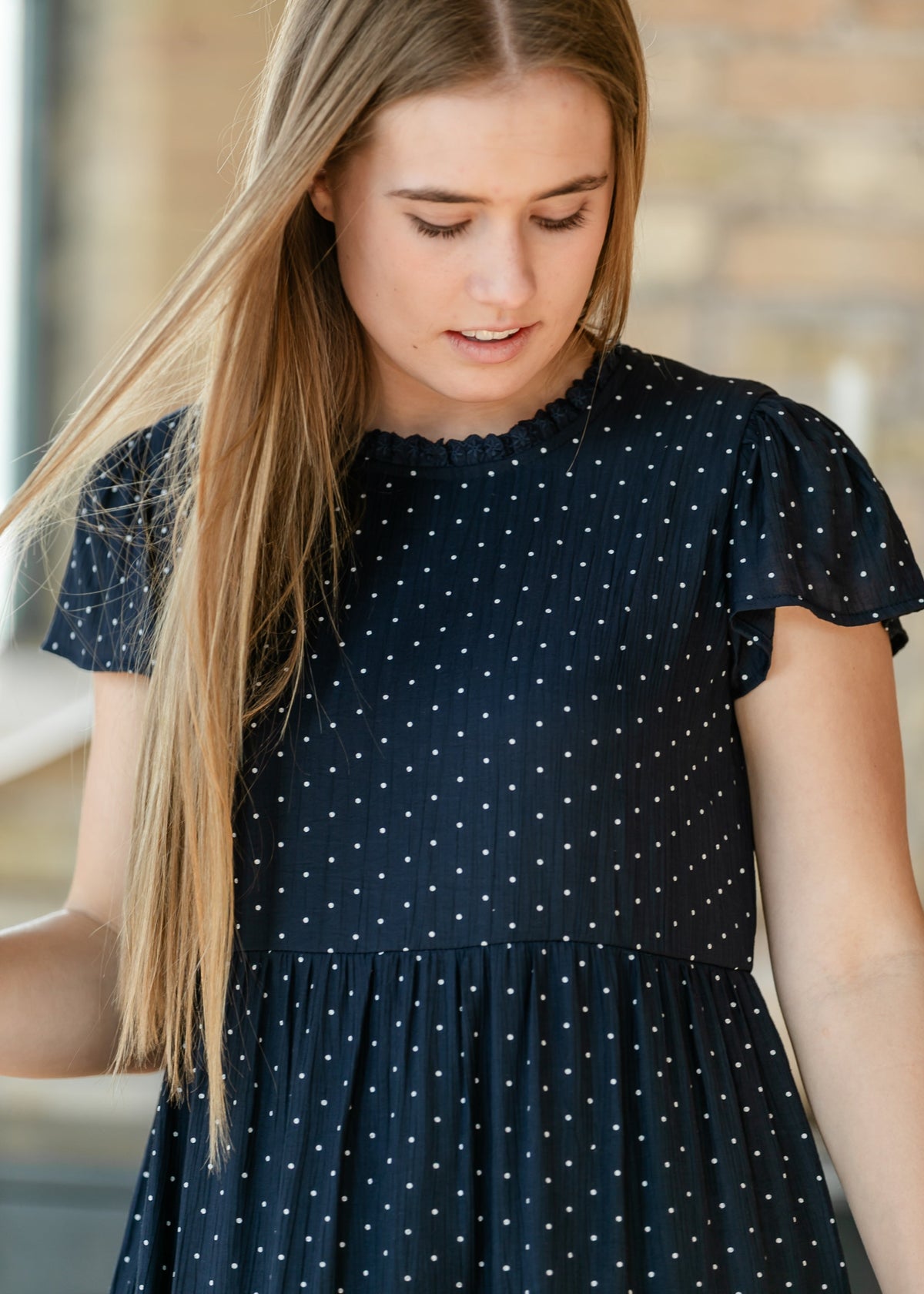ladies navy polka dot dress Tiered Midi S 8581 Varly Long Sleeve Dress Premium scuba Book your rental below:2 Days