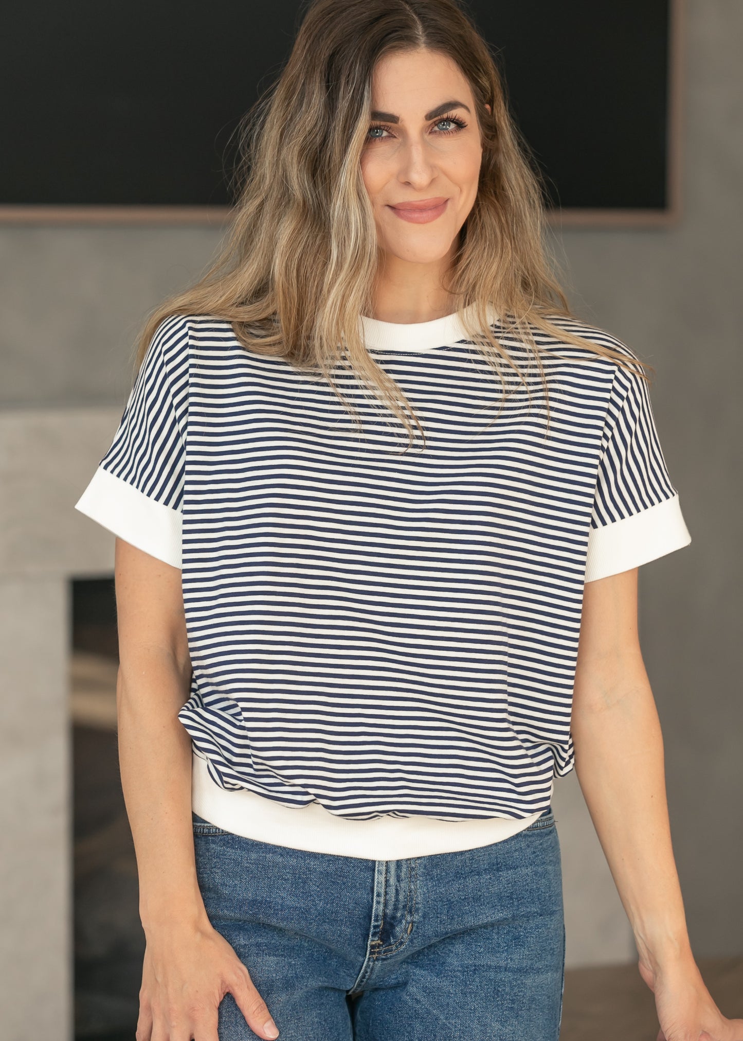 Navy Stripe Contrast Trim Top FF Tops