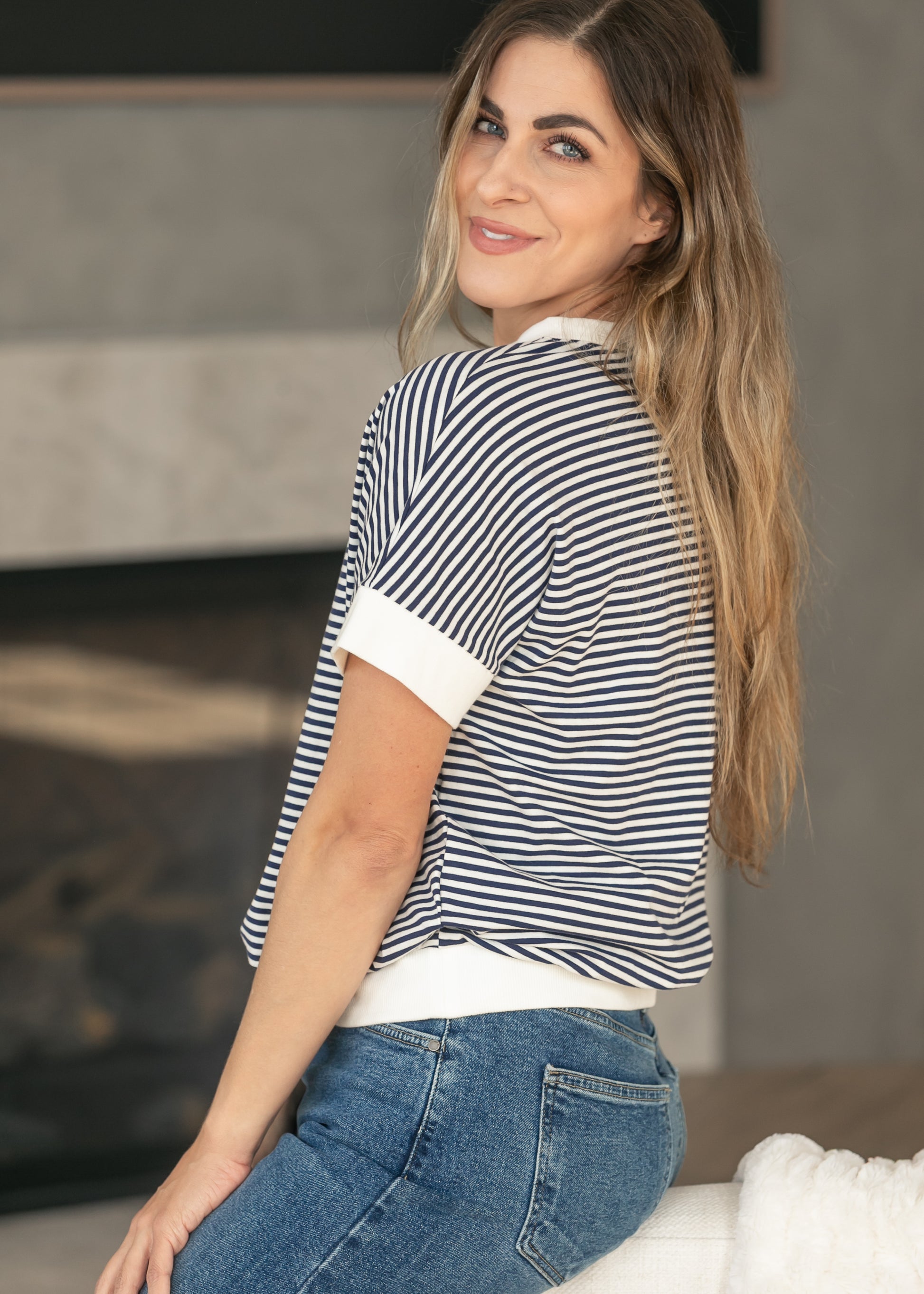 Navy Stripe Contrast Trim Top FF Tops