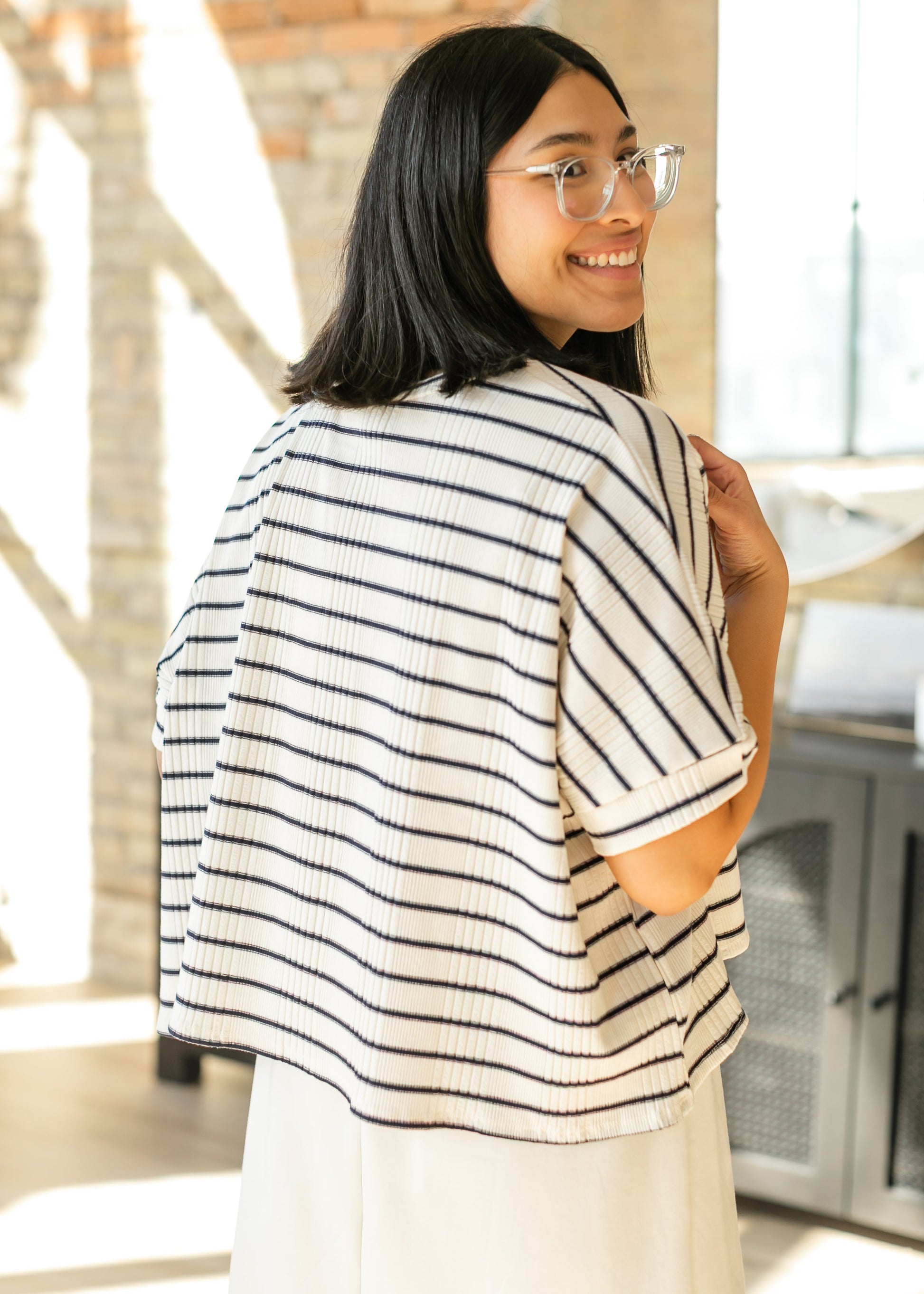 Navy Striped Dolman Sleeve Knit Top FF Tops