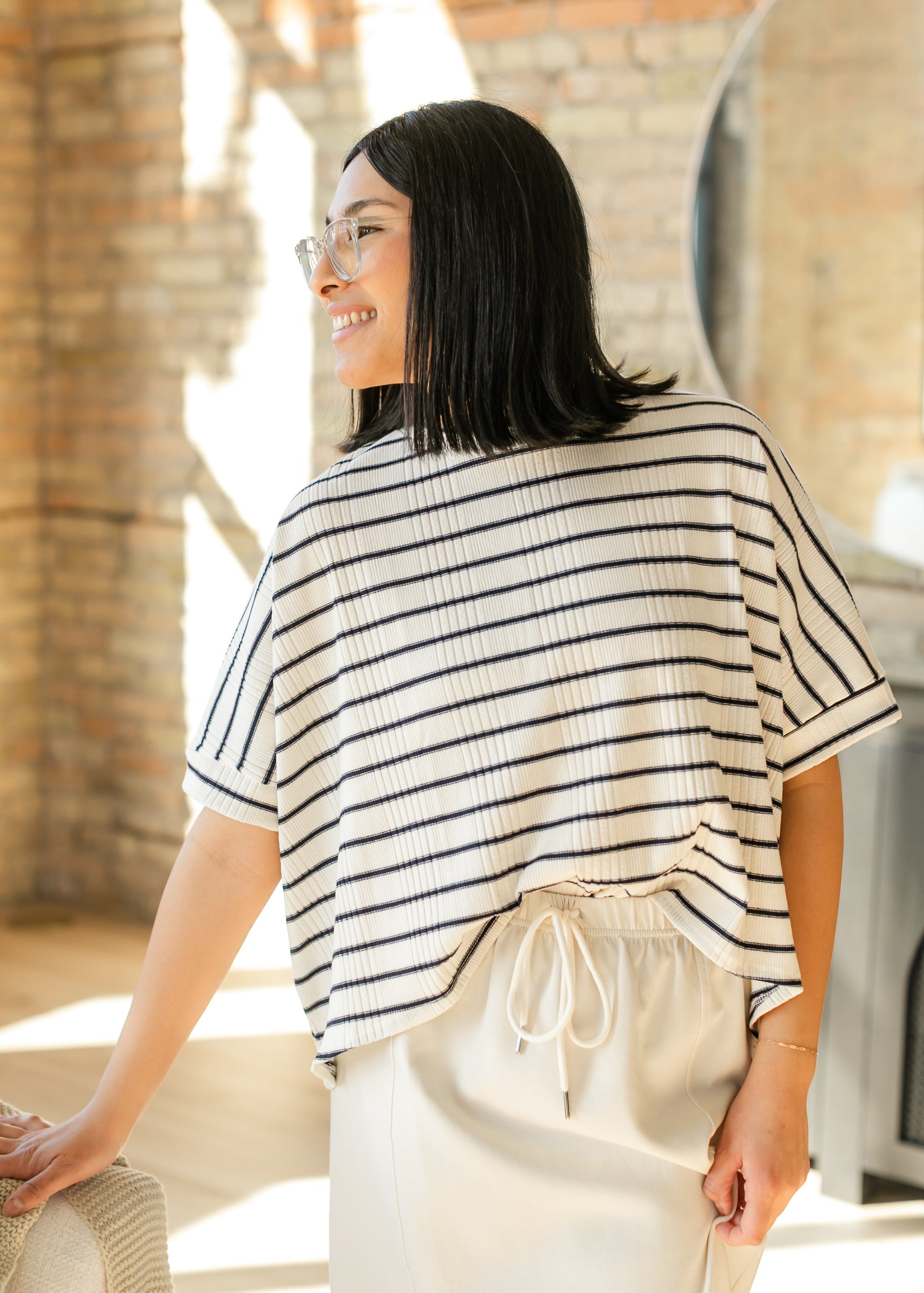 Navy Striped Dolman Sleeve Knit Top FF Tops