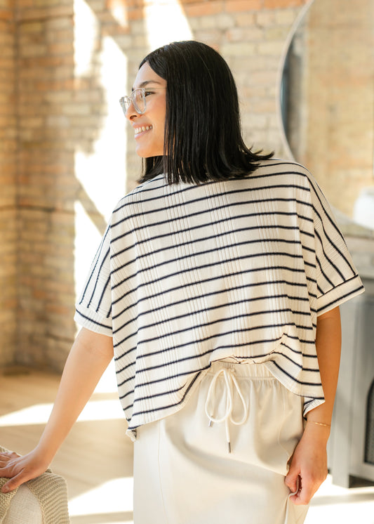 Navy Striped Dolman Sleeve Knit Top FF Tops