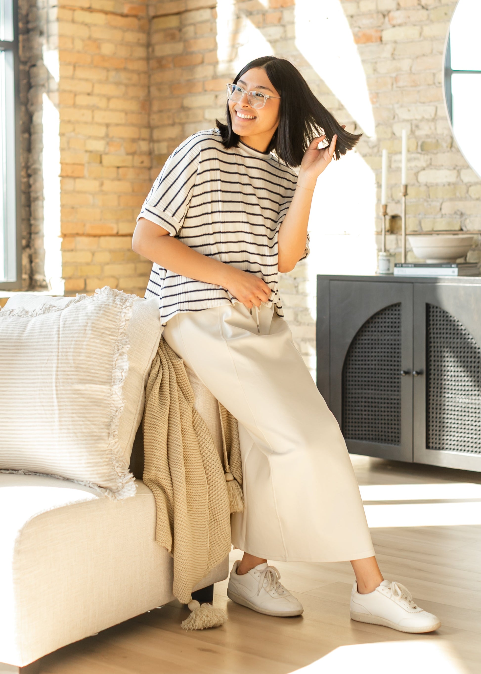 Navy Striped Dolman Sleeve Knit Top FF Tops