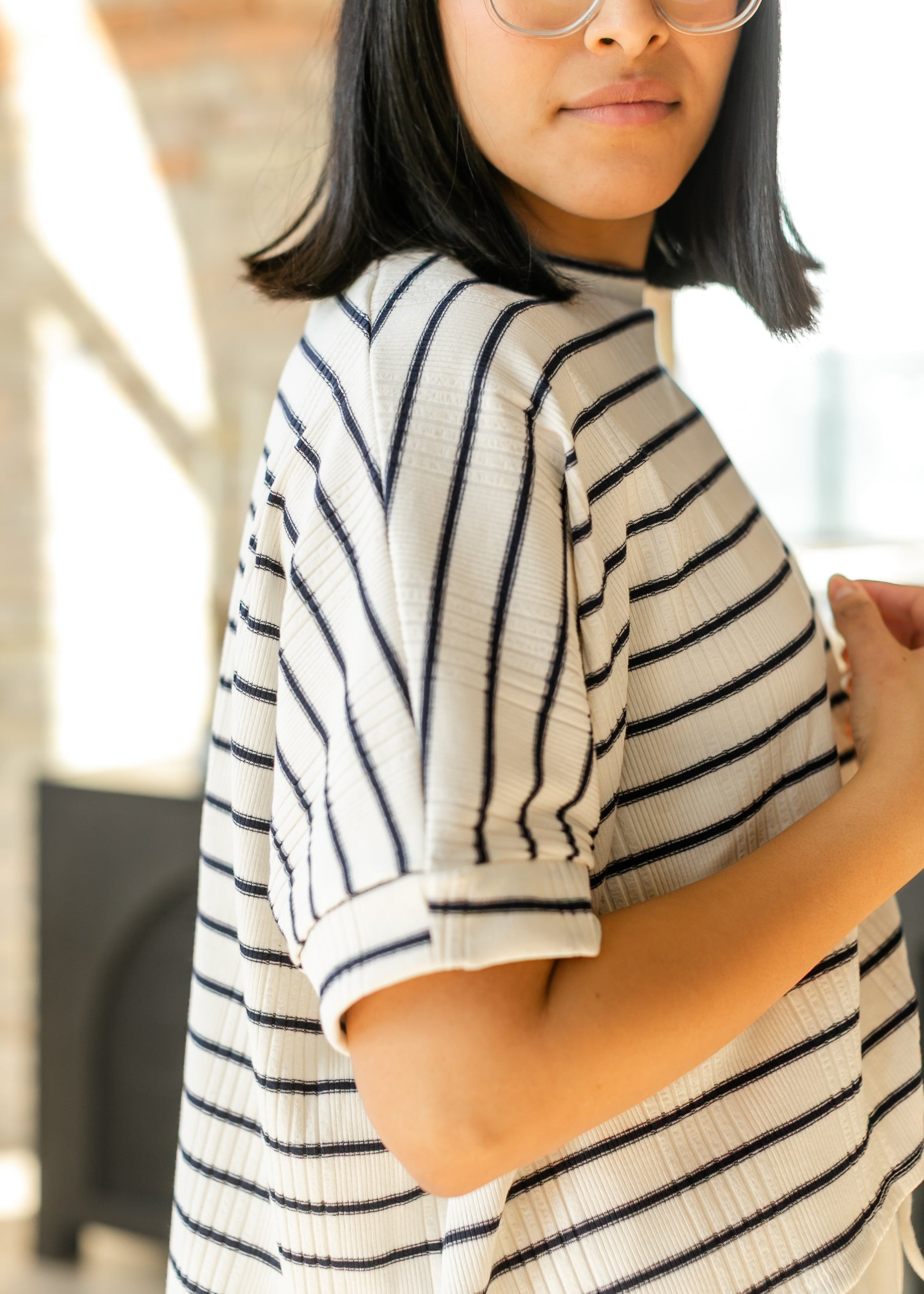 Navy Striped Dolman Sleeve Knit Top FF Tops