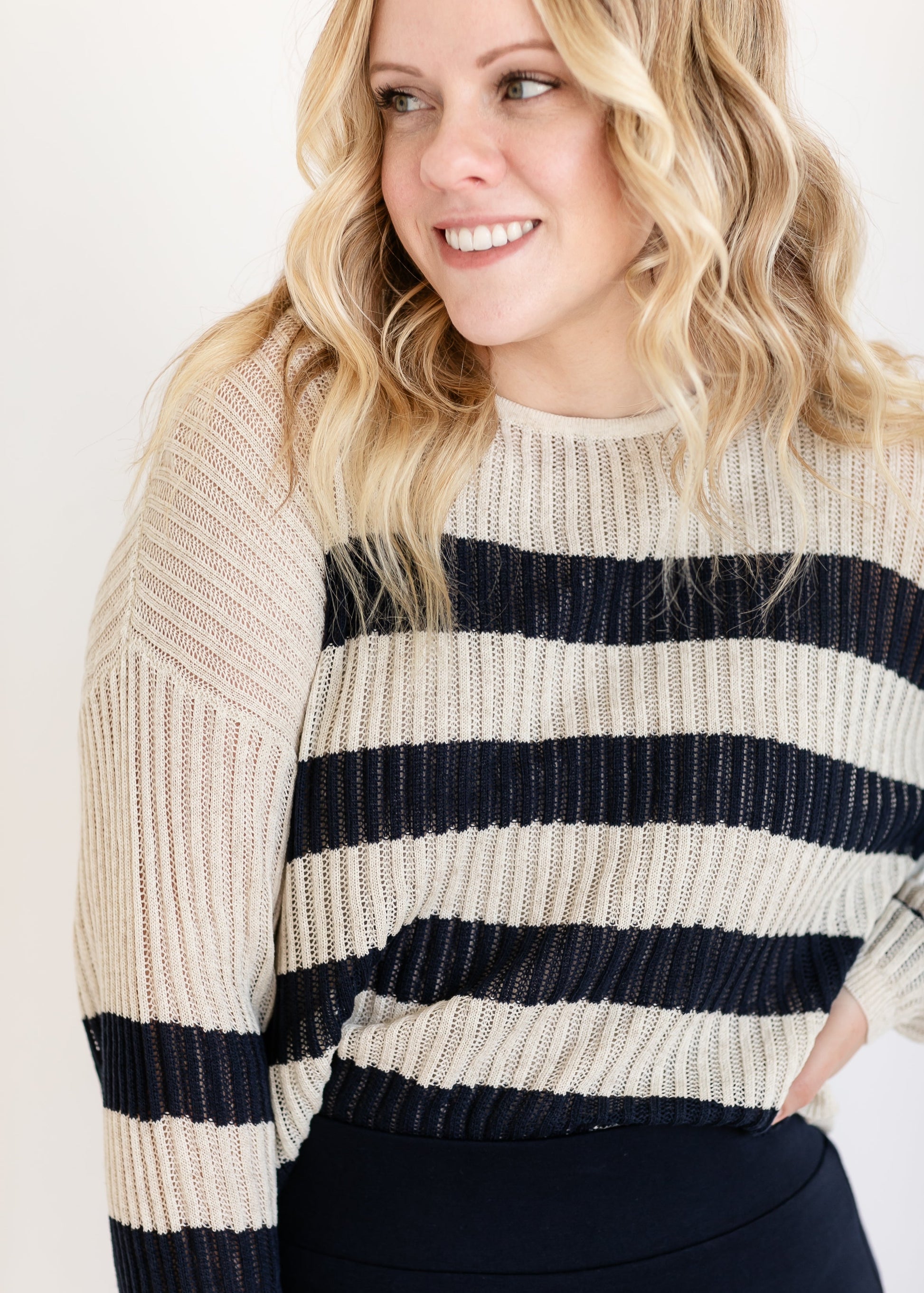Navy Striped Long Sleeve Knit Sweater FF Tops
