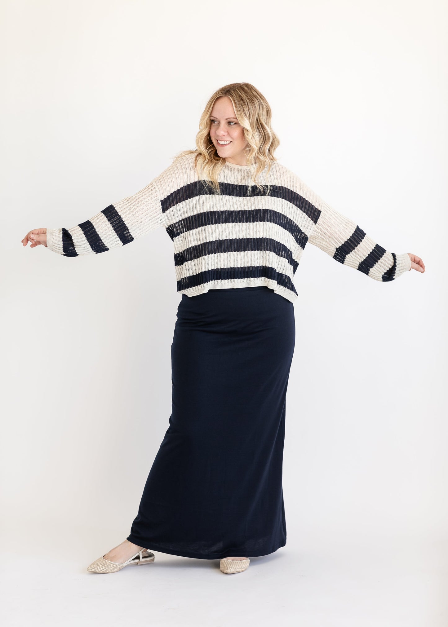 Navy Striped Long Sleeve Knit Sweater FF Tops