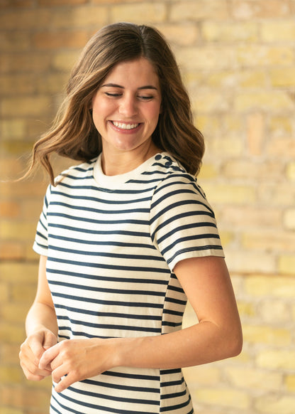 Navy Striped Snap Button Midi Dress FF Dresses