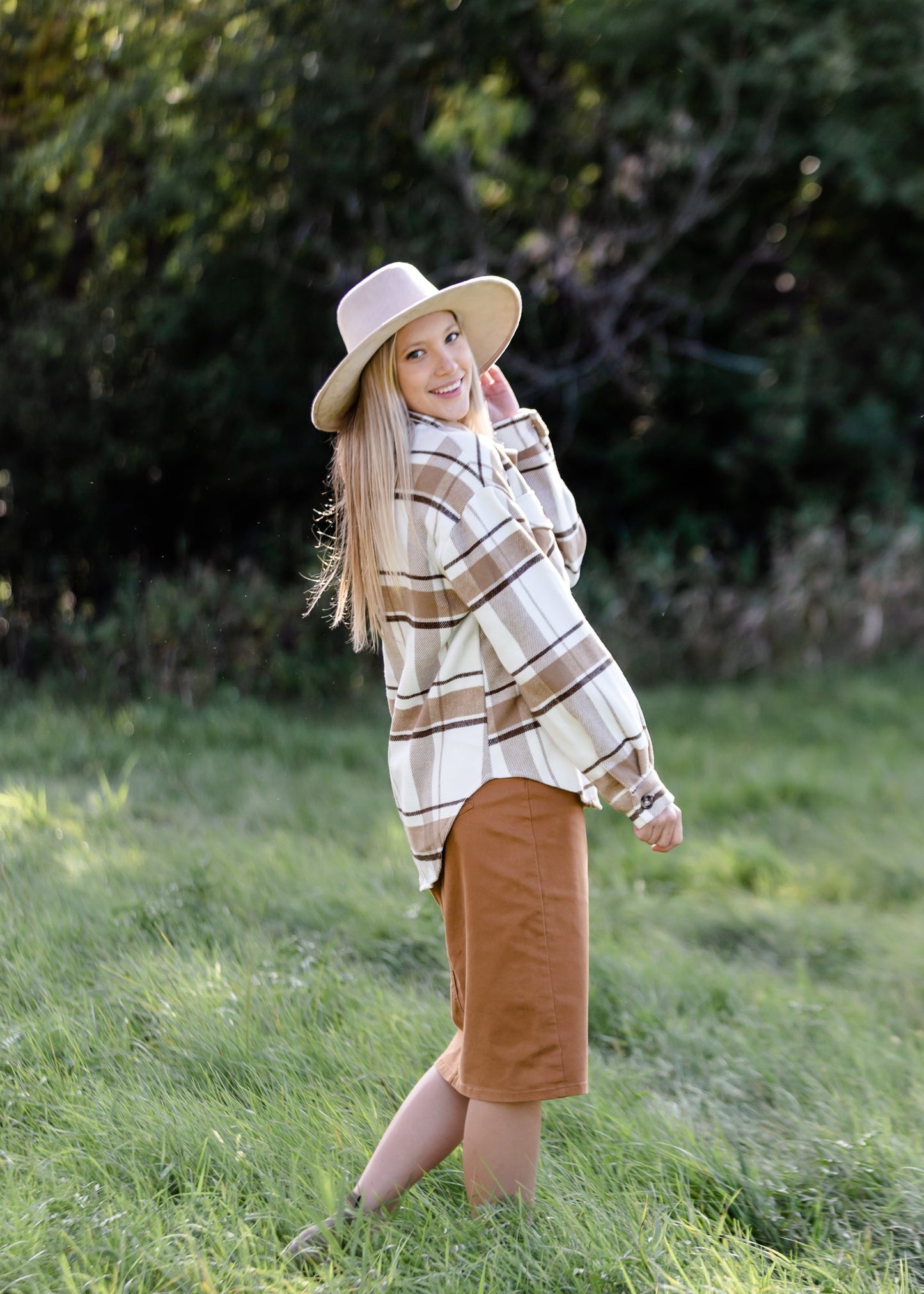 Neutral Plaid Shacket FF Tops