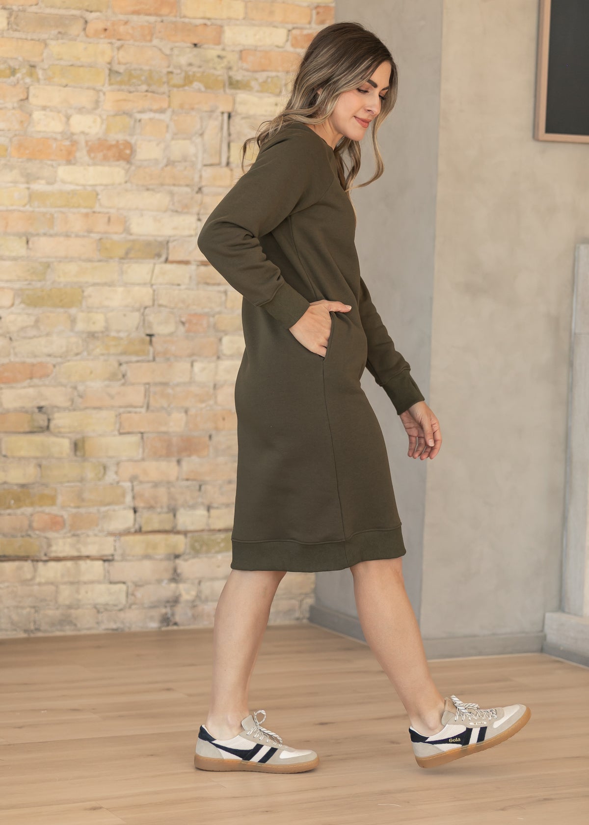 Nova Olive Crewneck Sweatshirt Dress IC Dresses
