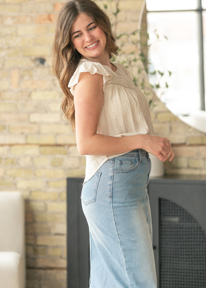 Oatmeal Ladder Lace Flounce Sleeve Top FF Tops