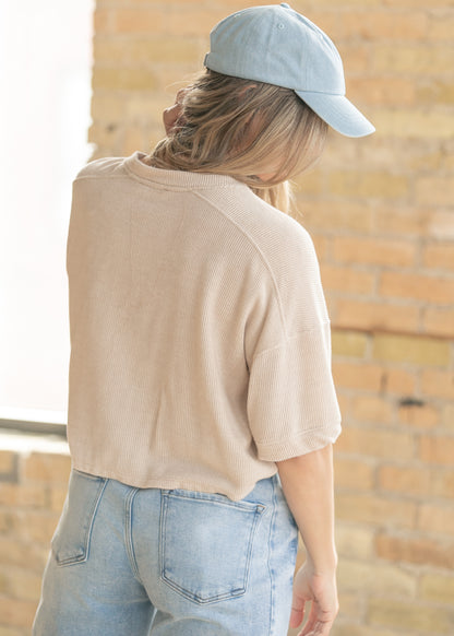 Oatmeal Ribbed Knit Button Front Top FF Tops