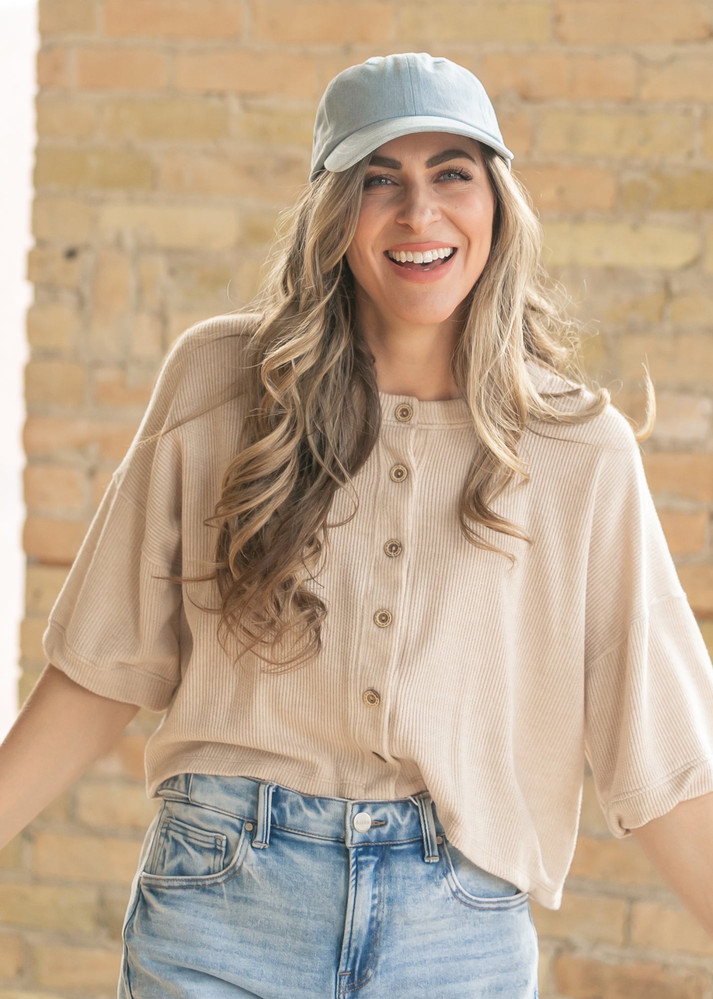 Oatmeal Ribbed Knit Button Front Top FF Tops