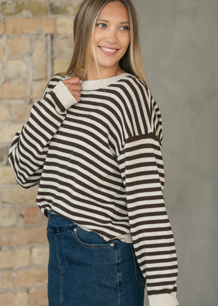 Oatmeal Striped Back Button Detail Knit Sweater FF Tops