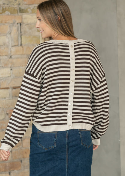 Oatmeal Striped Back Button Detail Knit Sweater FF Tops