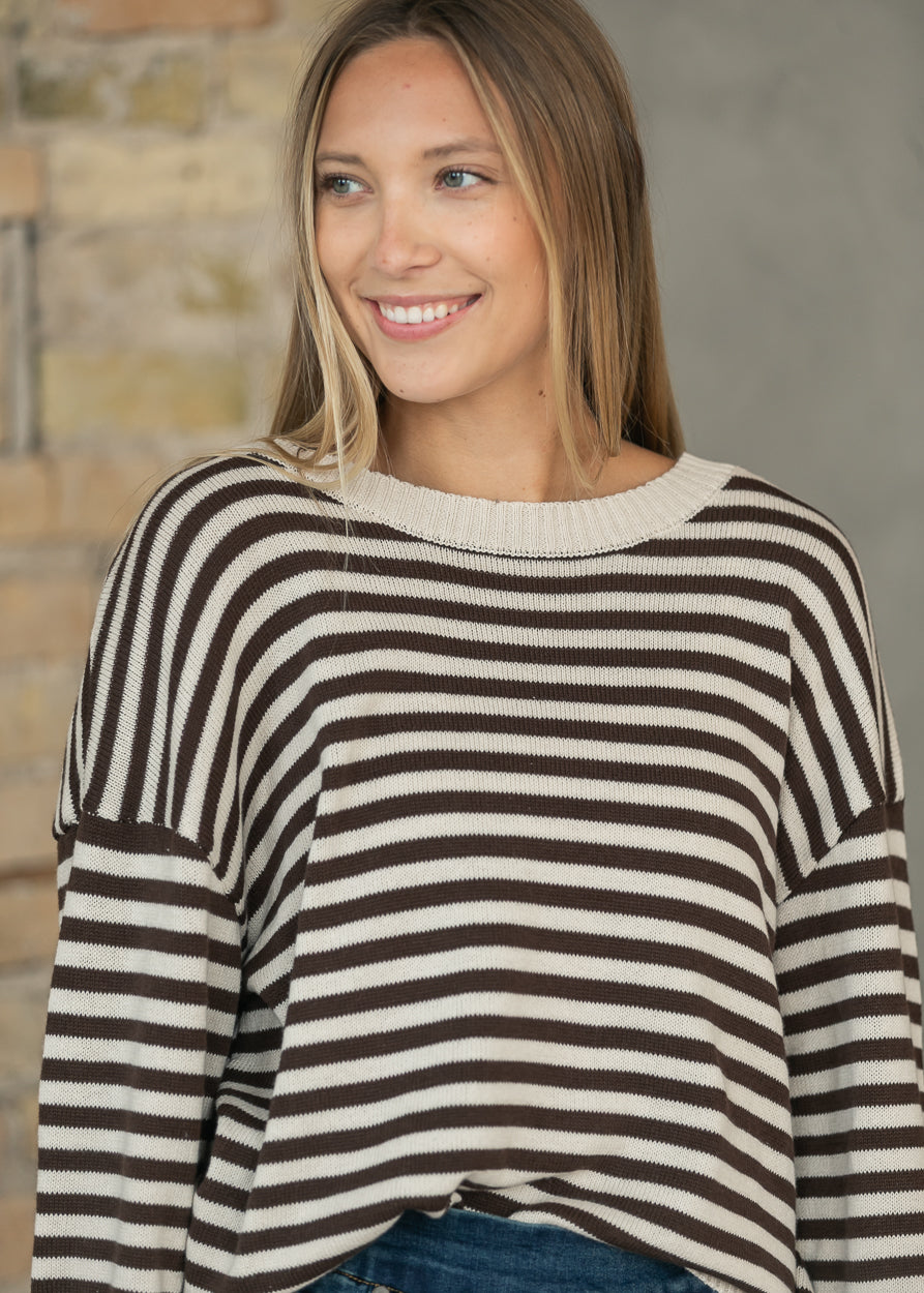 Oatmeal Striped Back Button Detail Knit Sweater FF Tops