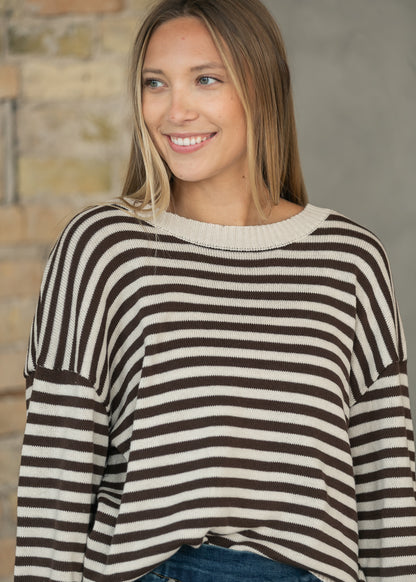 Oatmeal Striped Back Button Detail Knit Sweater FF Tops